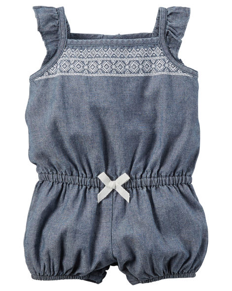 Embroidered Chambray Romper